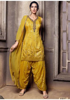 Yellow Gold Satin Silk Patiyala